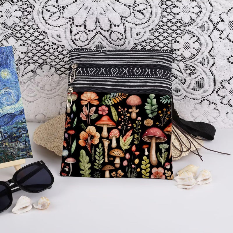 XiaoGalaee Mushroom Fungal Art Print Crossbody Bag Mushroom Floral Design Messenger Bag Adjustable Shoulder Strap for Adult Sisters Teens Birthday Gift for Natureâ€‹â€‹ Travel Crossbody Purse (Black) - Image 3