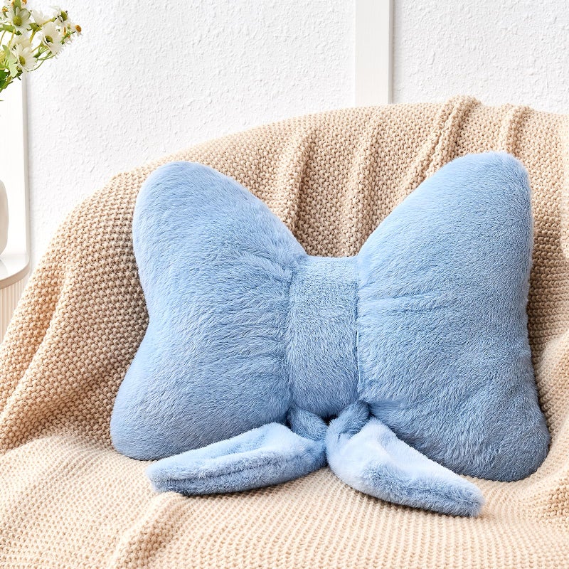 Mepherl Dusty Blue Bow Pillow,12'' Bow Decorative Pillows with Faux Rabbit Fur,Soft Bow Throw Pillows Aesthetic Bow Shaped Pillow for Bed Sofa Couch Home Decor - Image 1