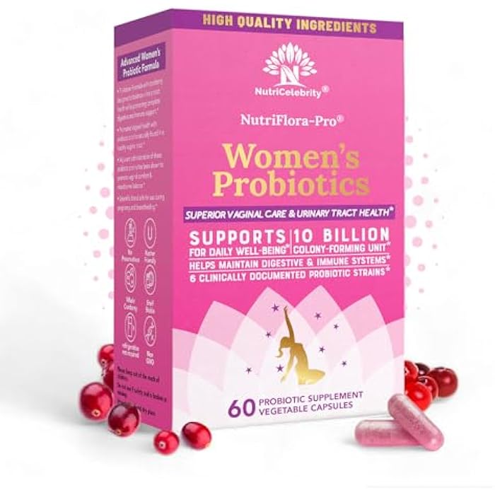 Nutricelebrity NutriFlora-Pro Probiotics for Women - Support Vaginal, Urinary Health (UTI), Digestive System, Period Pain, Yeast, and BV Relief, Cranberry Pills, 10 Billion CFU 6 Strains (60 Caps) - Image 1