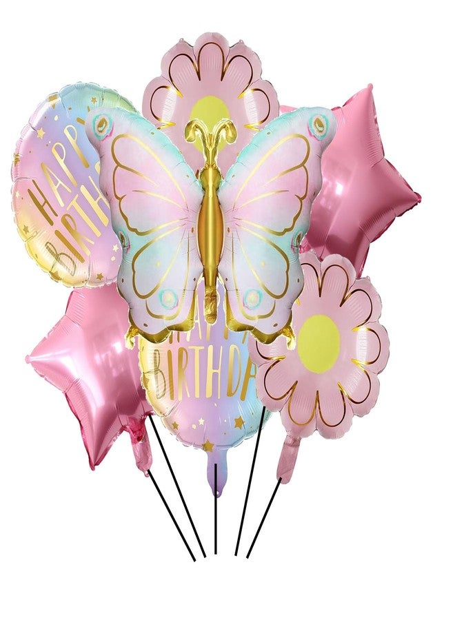 CSTYWC 7PCS Butterfly Flower Foil Balloons Pink Sunflower and Round Shpe Happy Birthday Day Mylar Balloon for Girls Birthday Party Decoration - Image 1
