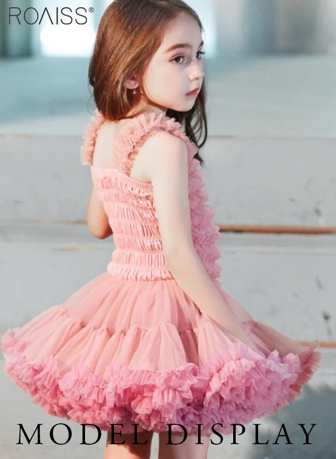 Princess Strap Tiered Tutu Tulle Flower Sleeveless Girls Dress Wedding Ballerina Dance Pageant Birthday Party Prom Gown