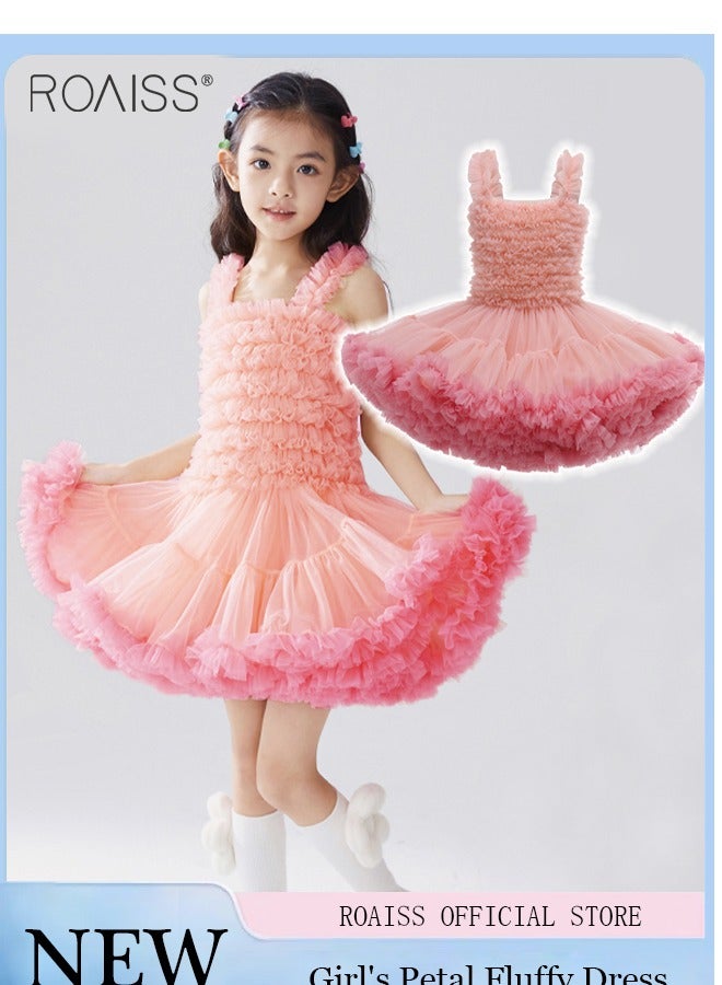 Princess Strap Tiered Tutu Tulle Flower Sleeveless Girls Dress Wedding Ballerina Dance Pageant Birthday Party Prom Gown