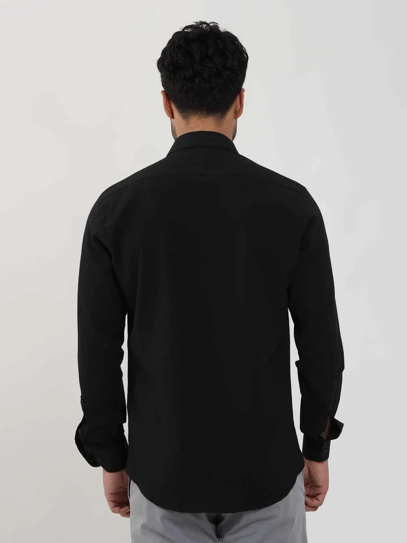 Dufy Black Men's Slim Fit Seersucker Patterned Brent Collar Long Sleeve Shirt - 104815