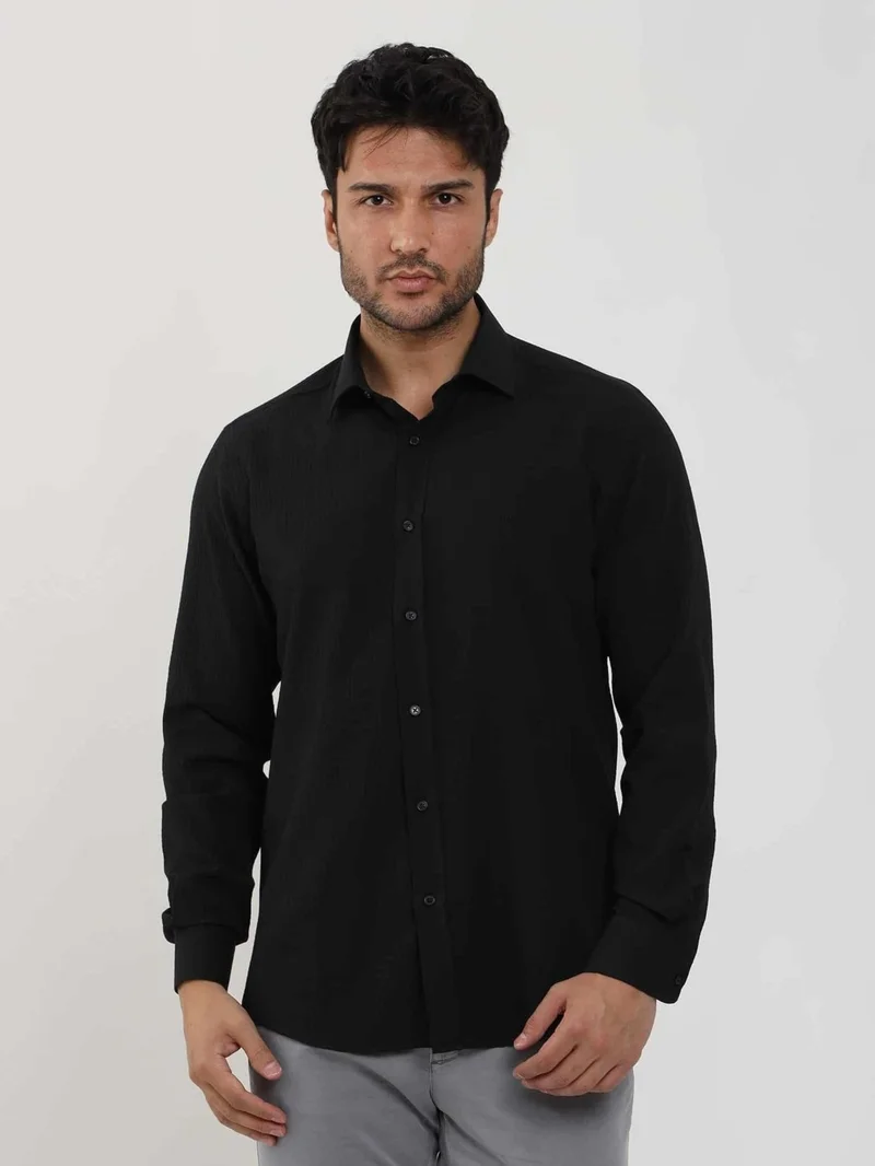 Dufy Black Men's Slim Fit Seersucker Patterned Brent Collar Long Sleeve Shirt - 104815