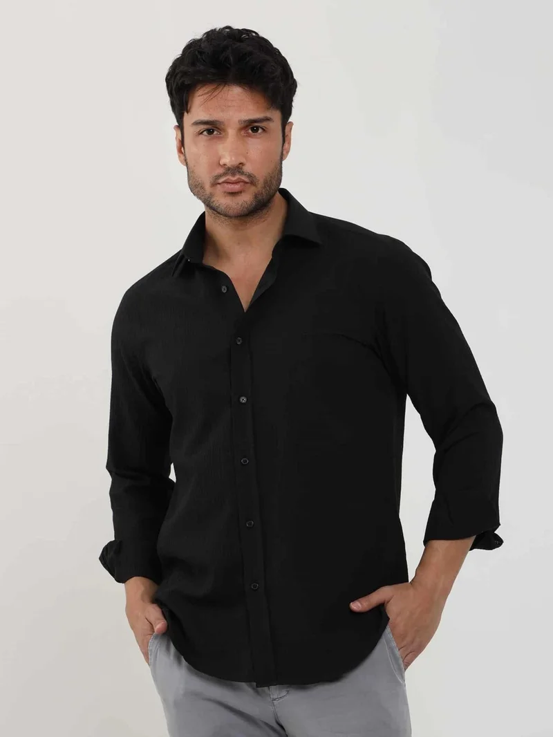 Dufy Black Men's Slim Fit Seersucker Patterned Brent Collar Long Sleeve Shirt - 104815