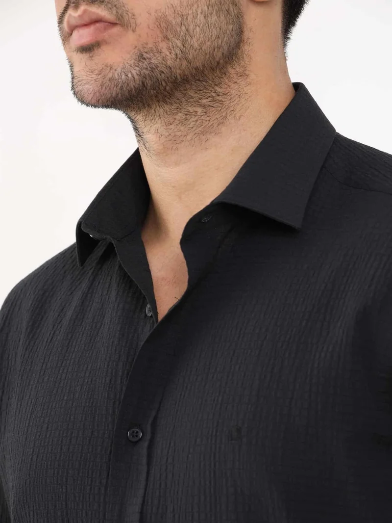 Dufy Black Men's Slim Fit Seersucker Patterned Brent Collar Long Sleeve Shirt - 104815