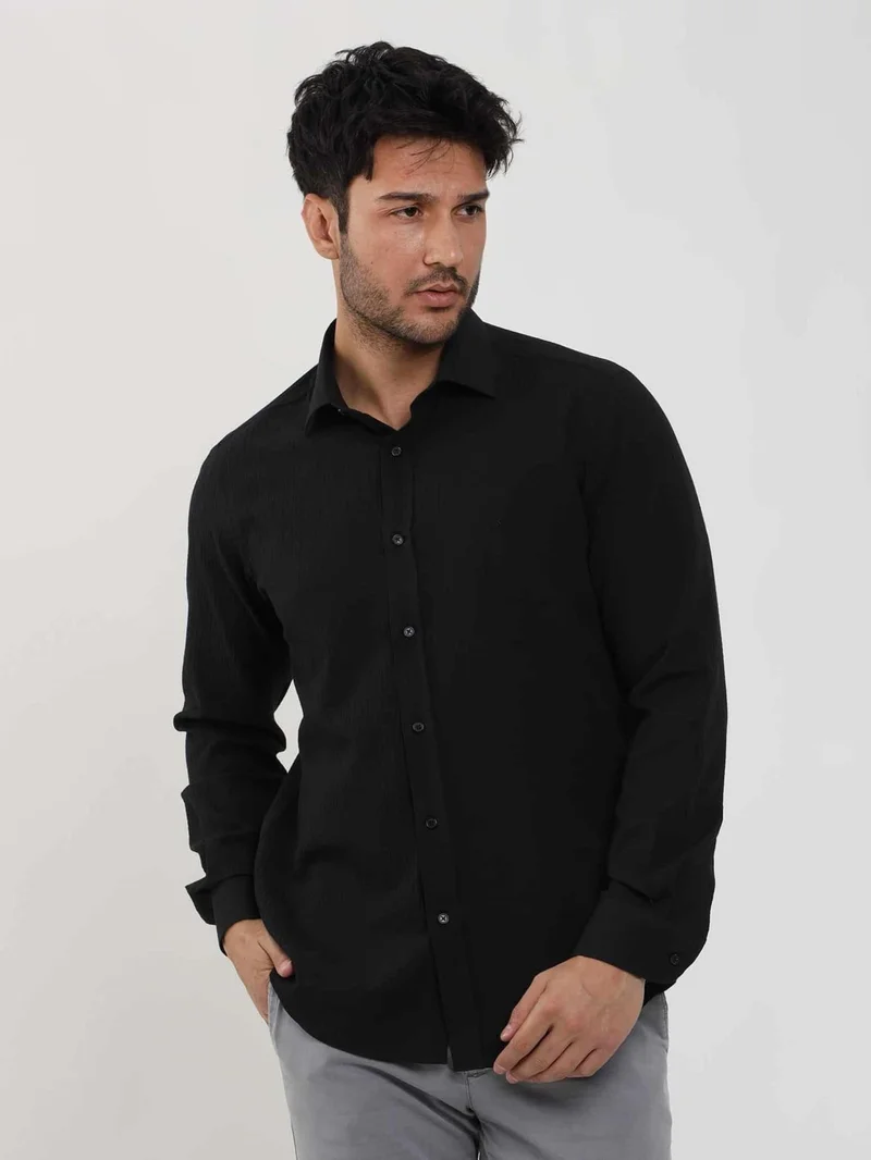 Dufy Black Men's Slim Fit Seersucker Patterned Brent Collar Long Sleeve Shirt - 104815