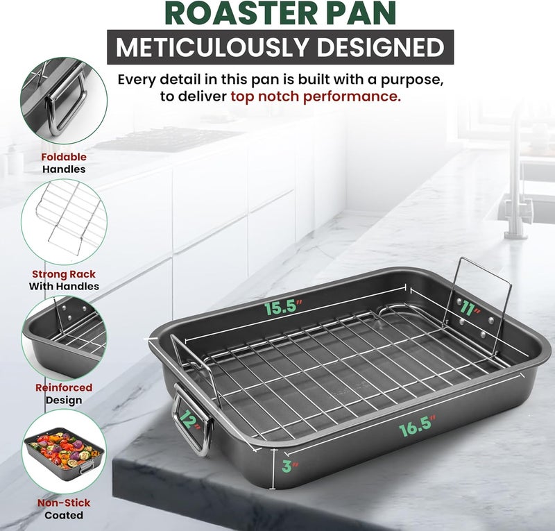 CULINARIN Large Roasting Pan With Rack 12” X 16” - Non Stick Large Roaster Pan and Flat Rack With Foldable Handles - Roasting Pans for Ovens to Elevate Food for Even Heating - Dishwasher Safe Turkey Roast Pot - Image 3