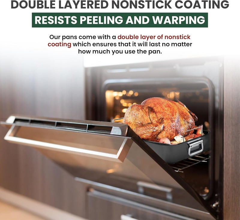 CULINARIN Large Roasting Pan With Rack 12” X 16” - Non Stick Large Roaster Pan and Flat Rack With Foldable Handles - Roasting Pans for Ovens to Elevate Food for Even Heating - Dishwasher Safe Turkey Roast Pot - Image 4