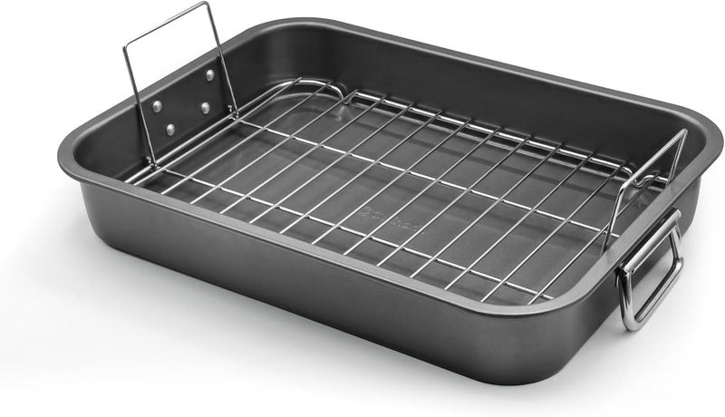CULINARIN Large Roasting Pan With Rack 12” X 16” - Non Stick Large Roaster Pan and Flat Rack With Foldable Handles - Roasting Pans for Ovens to Elevate Food for Even Heating - Dishwasher Safe Turkey Roast Pot - Image 1