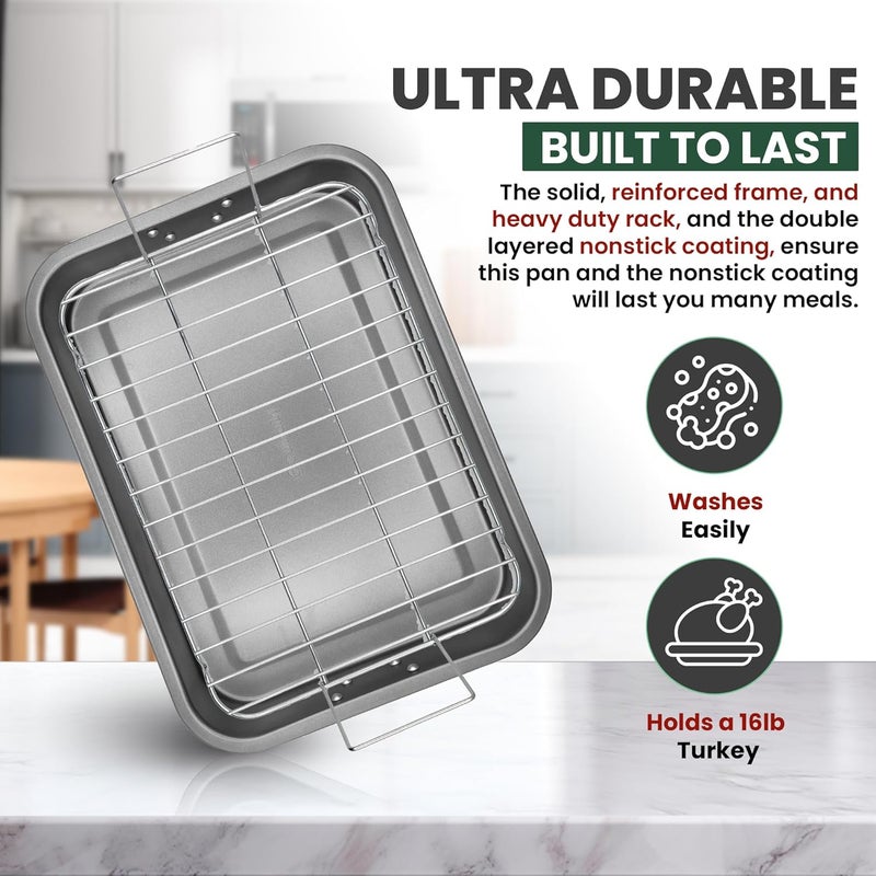 CULINARIN Large Roasting Pan With Rack 12” X 16” - Non Stick Large Roaster Pan and Flat Rack With Foldable Handles - Roasting Pans for Ovens to Elevate Food for Even Heating - Dishwasher Safe Turkey Roast Pot - Image 5
