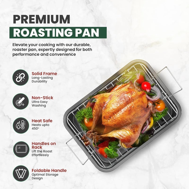 CULINARIN Large Roasting Pan With Rack 12” X 16” - Non Stick Large Roaster Pan and Flat Rack With Foldable Handles - Roasting Pans for Ovens to Elevate Food for Even Heating - Dishwasher Safe Turkey Roast Pot - Image 2