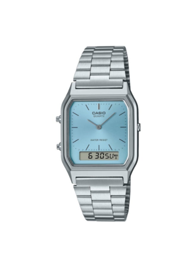 ساعة عتيقة الطراز، مينا أزرق تناظري-رقمي، ستانلس ستيل فضي، AQ-230A-2A1MQYDF