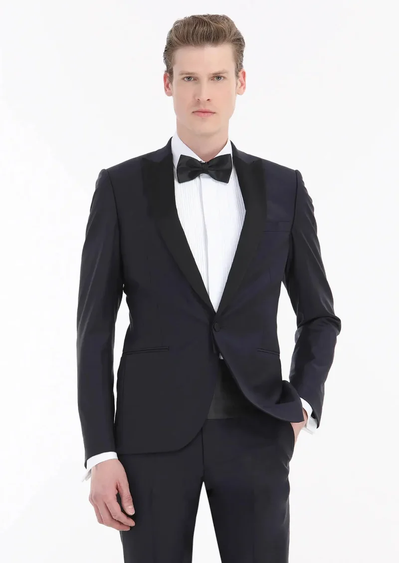 RAMSEY Navy Blue Plain Fashion Slim Fit Double Breasted Collar Weaving Tuxedo