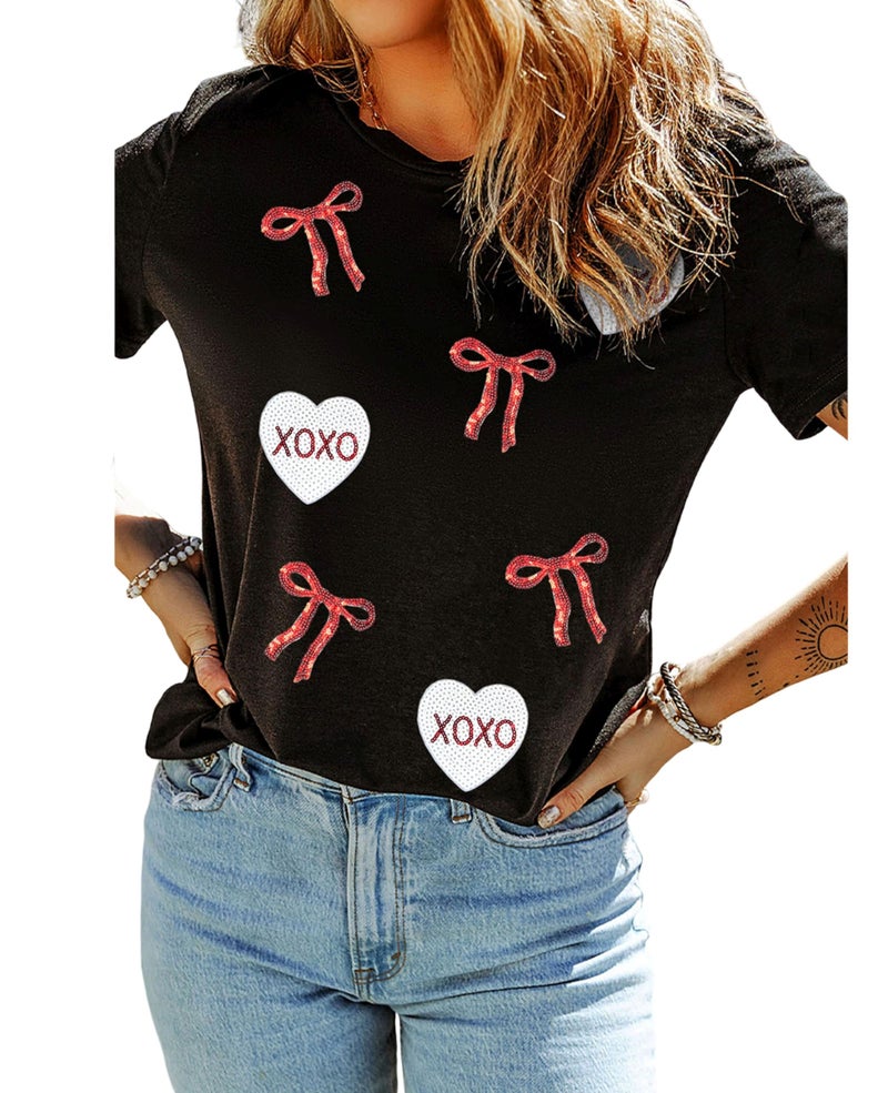SELINK Womens Summer Short Sleeve Tops Sequin Valentines Printed T Shirts Casual Basic Graphic Tees Bow XOXO Heart-XL - Image 1