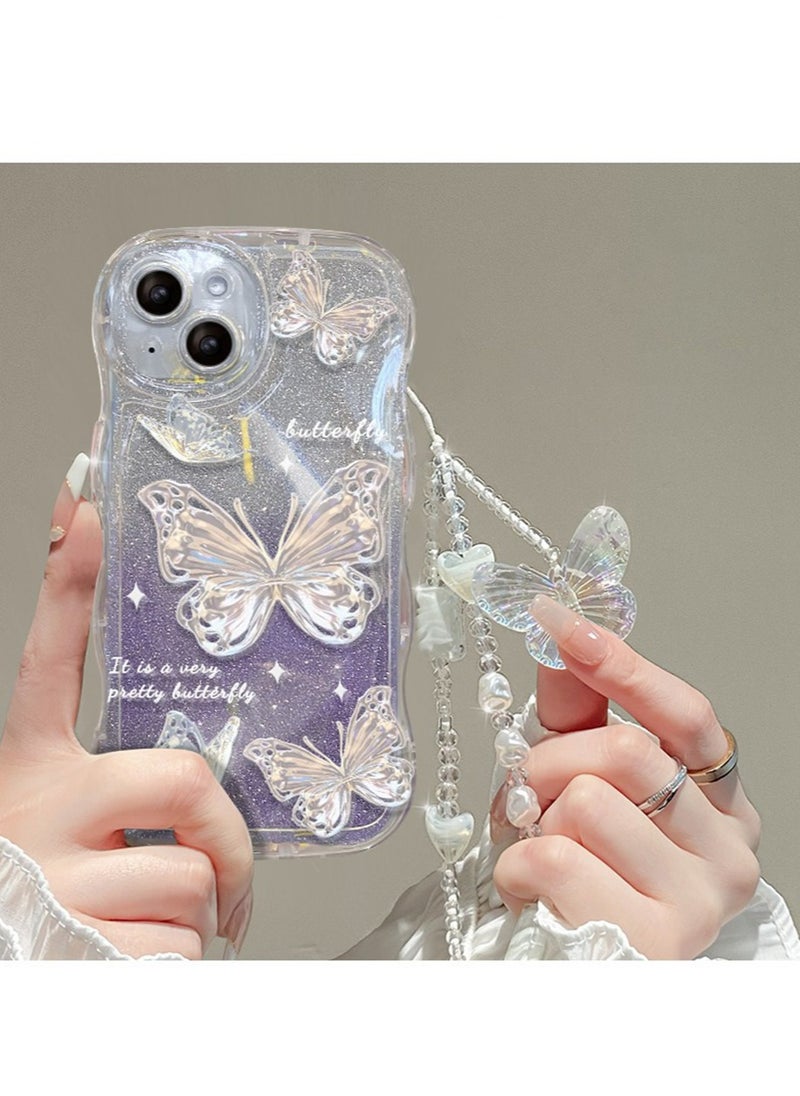X-level iPhone 15 Plus Case cover butterfly Pattern with camera len protector Beaded Lanyard Wrist anti-drop Strap for Women Girls, Soft TPU Full Protective Cover back comfortable touch feeling accessory  - Image 1