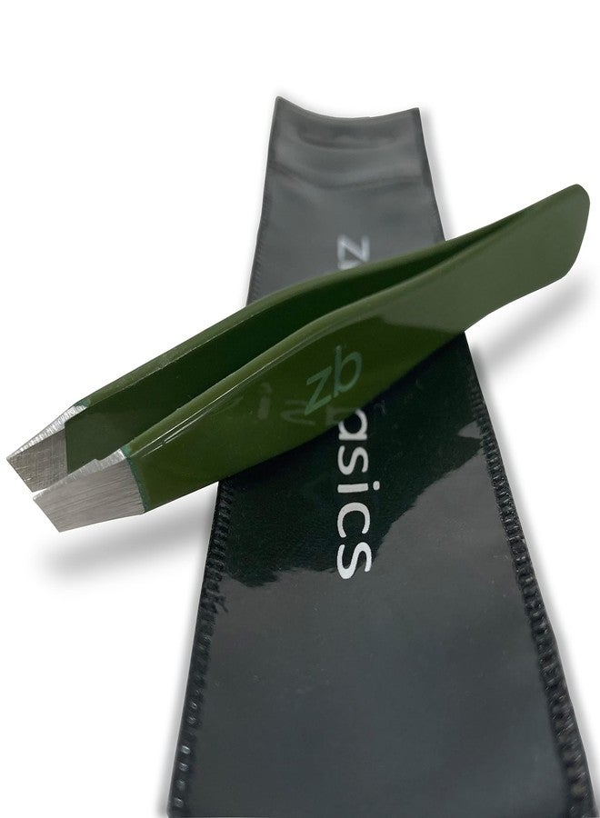 Zizzili Basics Tweezers - Surgical Grade Stainless Steel - Slant Tip for Expert Eyebrow Shaping and Facial Hair Removal - with Protective Pouch (Army Green) - Image 1