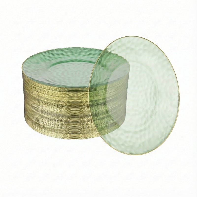 R-kay 100 Pack Green Plastic Plates - 6 Inch Hammered With Gold Rim, Sturdy, Durable And Extra Heavy duty Green Dessert Plates Disposable - Ideal For Appetizer And And For Desserts. - Image 1
