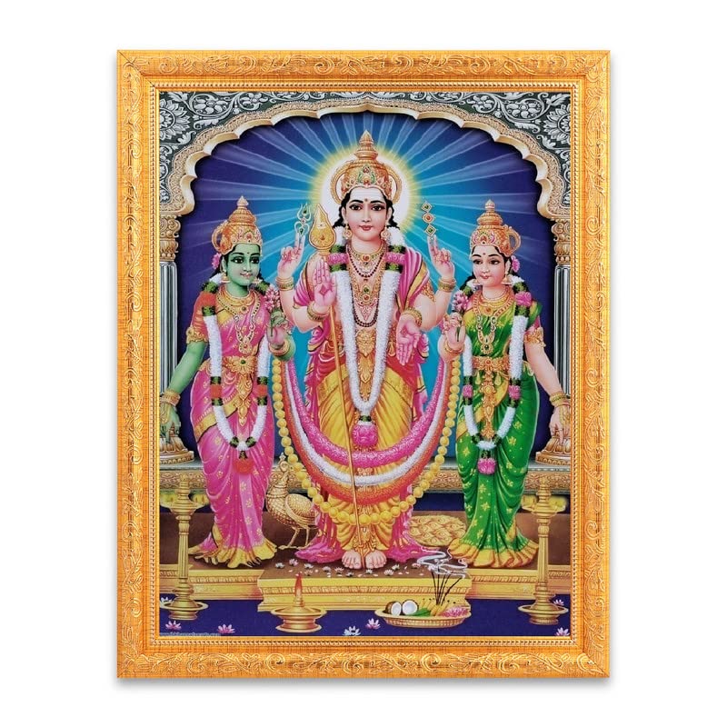 BM TRADERS Murugan Valli Devsena Sparkle Print Digital Photo In Religious Golden Wall Hanging Frame Big 14 X 18 Inches - Image 1