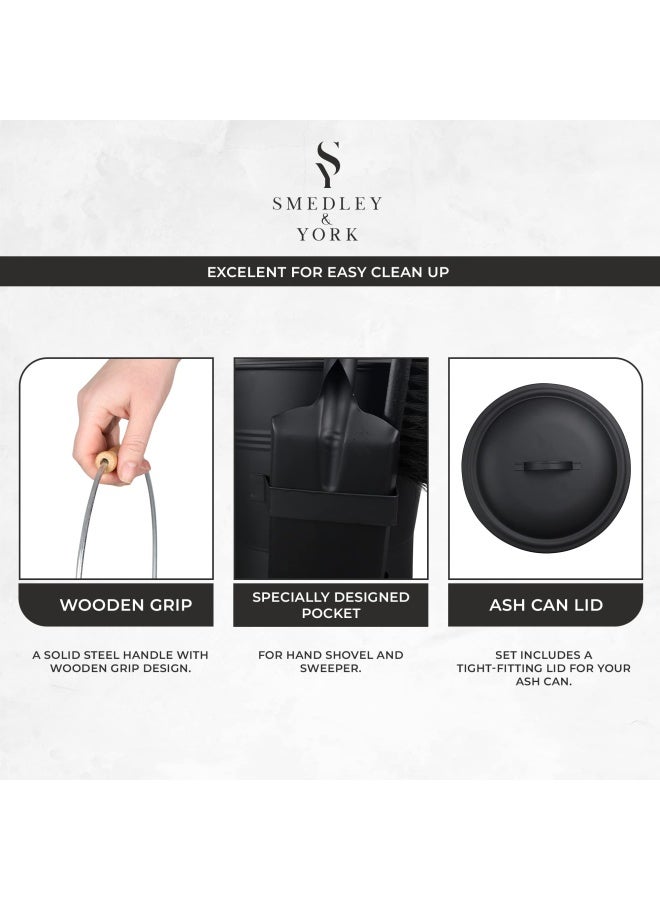 Smedley & York دلو رماد أسود من سميدلي يورك مع غطاء مجموعة أدوات المدفأة الكاملة تشمل دلو مجرفة مكنسة سعة 215 جالون دلو فحم معدني مع ملحقات دلو رماد من الحديد المجلفن للمدفأة - Image 5
