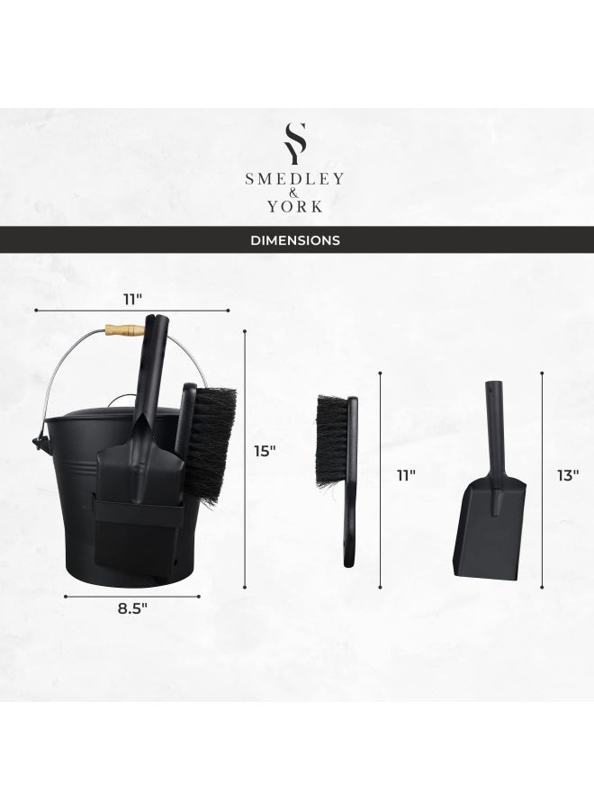 Smedley & York دلو رماد أسود من سميدلي يورك مع غطاء مجموعة أدوات المدفأة الكاملة تشمل دلو مجرفة مكنسة سعة 215 جالون دلو فحم معدني مع ملحقات دلو رماد من الحديد المجلفن للمدفأة - Image 4