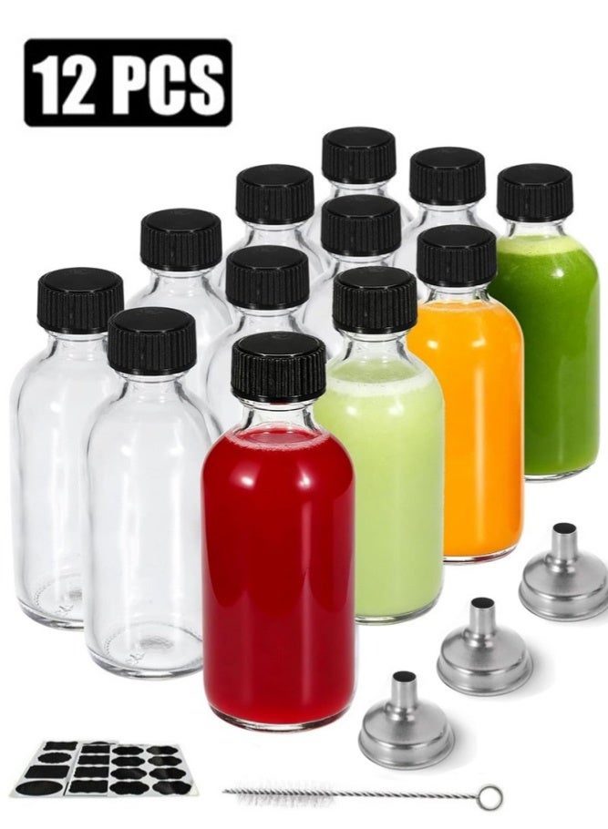 MUJIU Premium 12-Pcs Mini Glass Bottles Set (60ml) | Leakproof Small Shot Bottles with Black Screw Lids | Complete Travel Containers Kit with Funnel & Labels for Ginger Shots, Juice & Oud Oils - Image 1