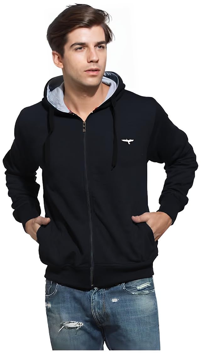 REYA Full Sleeve Solid Men Hood with Zipper Jacket (L-Size)-Black - Image 5
