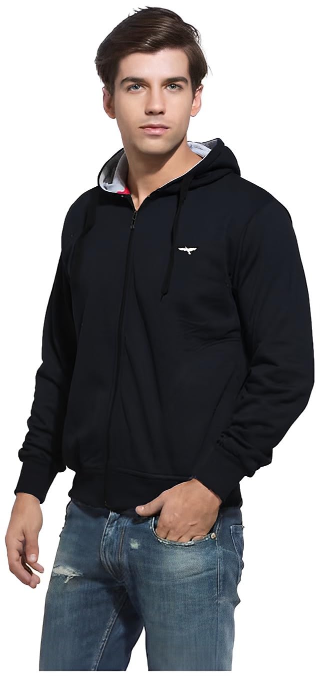 REYA Full Sleeve Solid Men Hood with Zipper Jacket (L-Size)-Black - Image 3