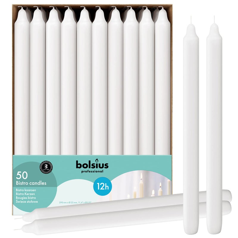 BOLSIUS BOLSIUS White Candlesticks Bulk Pack 50 Count - Unscented Dripless 11.5 Inch Household & Dinner Candle Set - 12+ Burn Hours - Premium European Quality - Consistent Smokeless Flame - 100% Cotton Wick  - Image 1