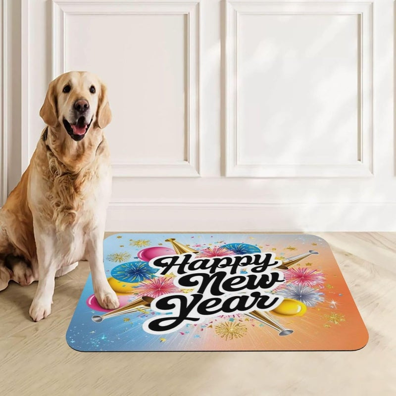 Dog Food Mat Dog Mat for Food and Water 24x16In Happy New Year Stars Fireworks No Stains Cat Pet Feeding Mats Water Bowl for Messy Drinkers - Image 1