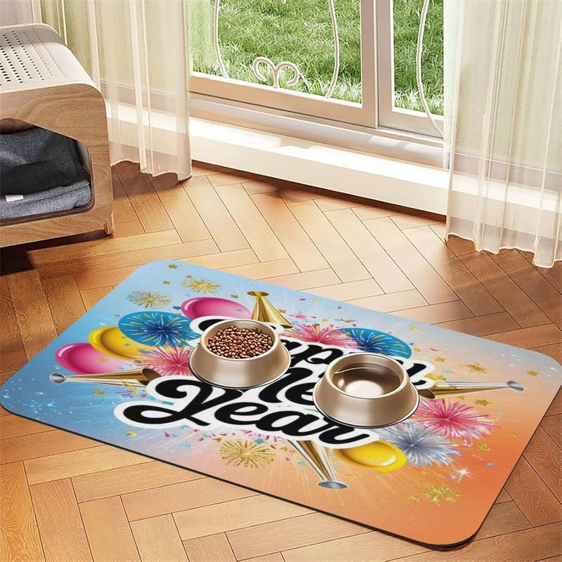 Dog Food Mat Dog Mat for Food and Water 24x16In Happy New Year Stars Fireworks No Stains Cat Pet Feeding Mats Water Bowl for Messy Drinkers - Image 2
