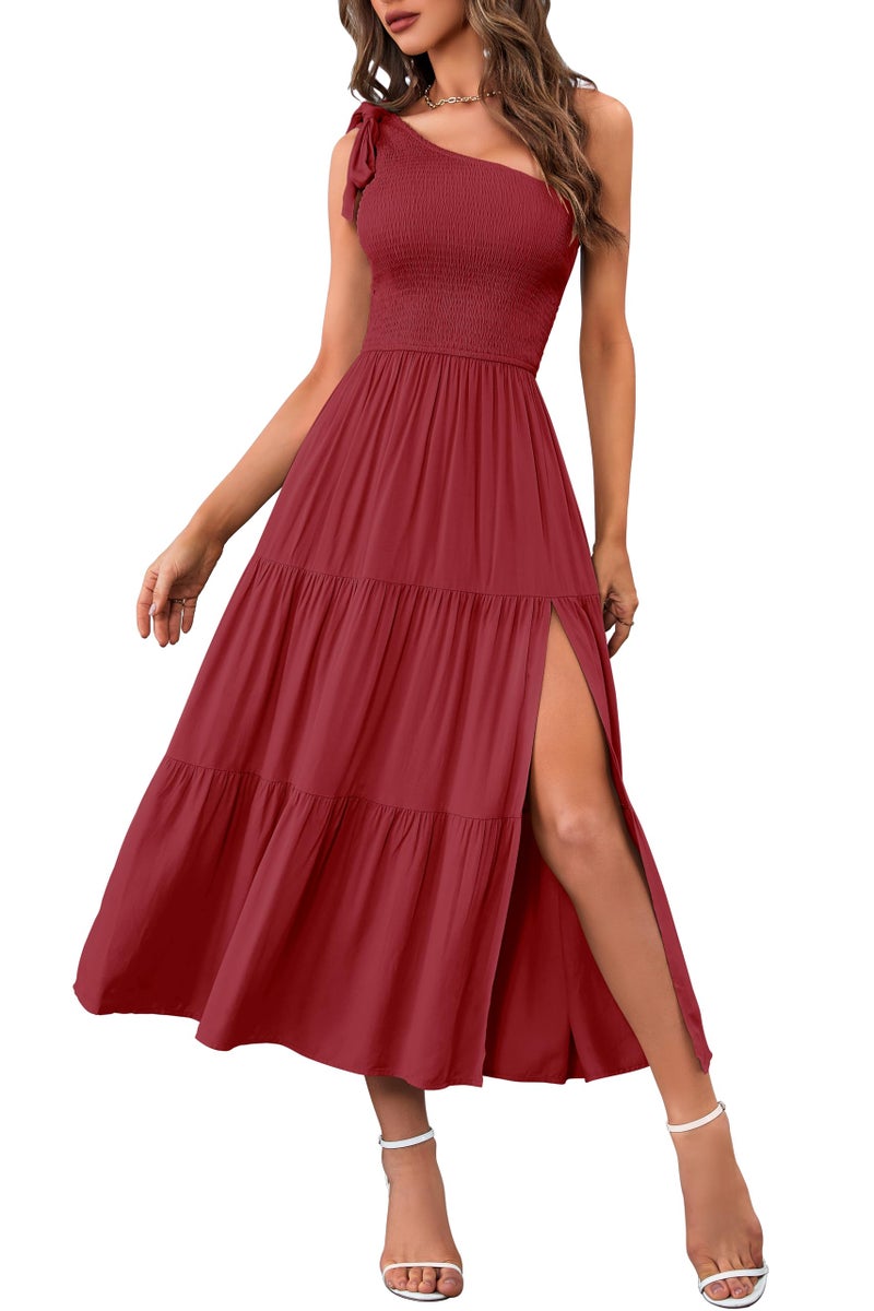 MEROKEETY Womens Summer One Shoulder Sleeveless Knot Smocked Midi Dress Split Tiered Flowy Dresses Wine S