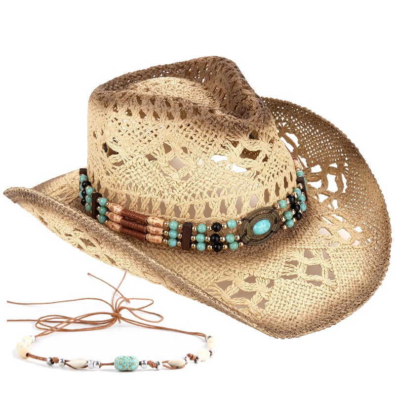 Foeran Men's Women's Straw Cowboy Hat Cowgirl Woven Sun Hat Western Cowboy Hat Two Decorative Bands - Image 1