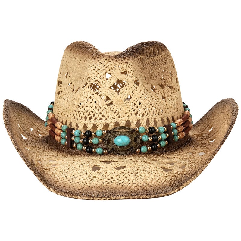 Foeran Men's Women's Straw Cowboy Hat Cowgirl Woven Sun Hat Western Cowboy Hat Two Decorative Bands - Image 2