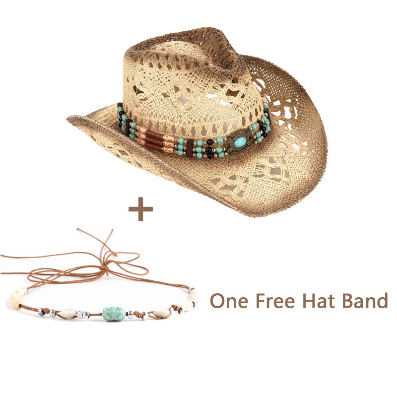 Foeran Men's Women's Straw Cowboy Hat Cowgirl Woven Sun Hat Western Cowboy Hat Two Decorative Bands - Image 5