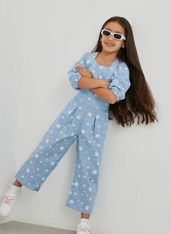 ستايلي Styli All-Over Print Balloon Sleeve Pleated Detail Jumpsuit