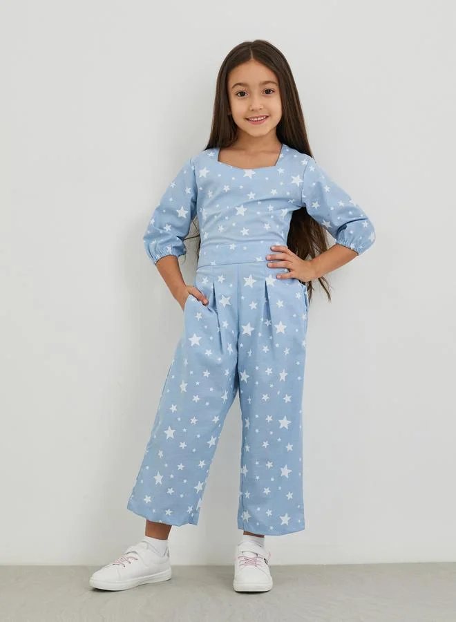 ستايلي Styli All-Over Print Balloon Sleeve Pleated Detail Jumpsuit