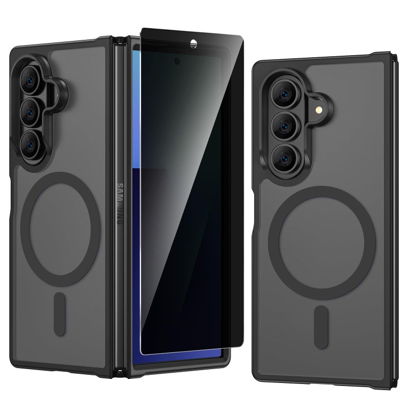 VEGO for Z Fold 7 Case Magnetic [Compatible with MagSafe][with Privacy Screen Protector] Translucent Matte Hard Cover Shockproof Drop Protection Protective Phone Case for Samsung Fold 7 2025- Black - Image 1