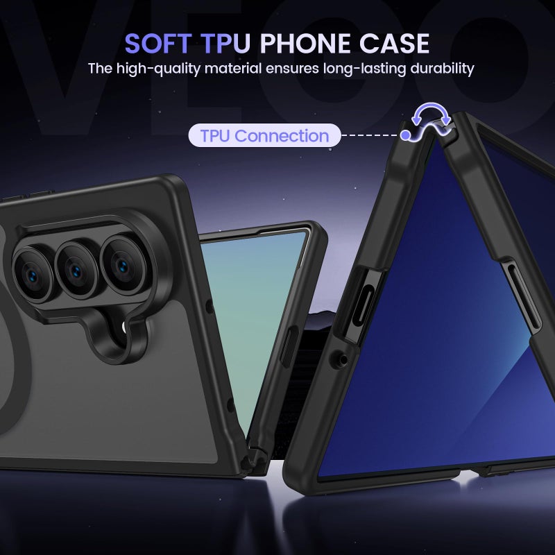 VEGO for Z Fold 7 Case Magnetic [Compatible with MagSafe][with Privacy Screen Protector] Translucent Matte Hard Cover Shockproof Drop Protection Protective Phone Case for Samsung Fold 7 2025- Black - Image 5
