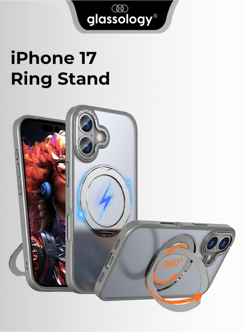 جلاسولوجي iPhone 17 Grey & Silver Duo – MagSafe Ring Stand Case + Premium Lens Protector - Image 2