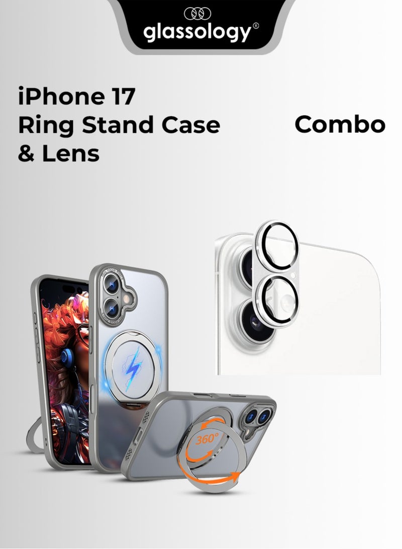 جلاسولوجي iPhone 17 Grey & Silver Duo – MagSafe Ring Stand Case + Premium Lens Protector - Image 1