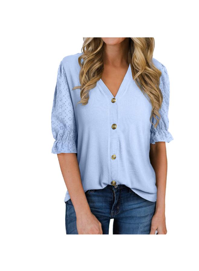 VUELO Summer Europe And The United States New Women's Hollow Sleeve Knitted Cardigan Button V-neck T-shirt Jacket - Image 3
