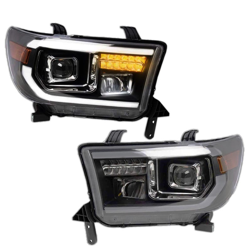 TRQ 2 Piece Headlight Assembly Set Performance Projection Style LED Turn Signals LED Daytime Running Light Black Bezel Driver Passenger Side Compatible with Toyota Sequoia 20082017 Tundra 20072013