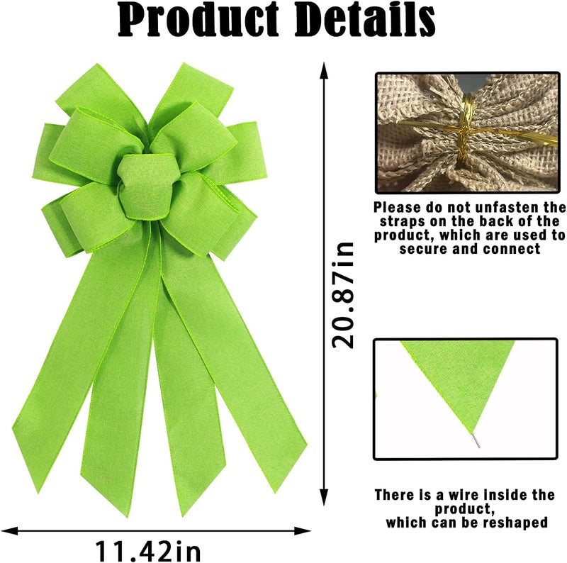 chmacura Light Green Burlap Wreath Bow 20 x 11 Inches Easter Bows Green Mesh Ribbon Bow Carnival Farmhouse Bow Tree Ornament for Home Front Door Decorations - Image 2