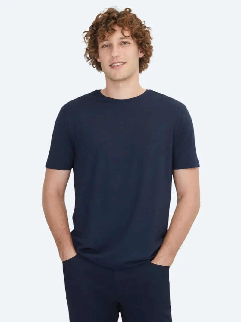 كيب تيشيرت قطني سادة أزرق داكن برقبة دائرية