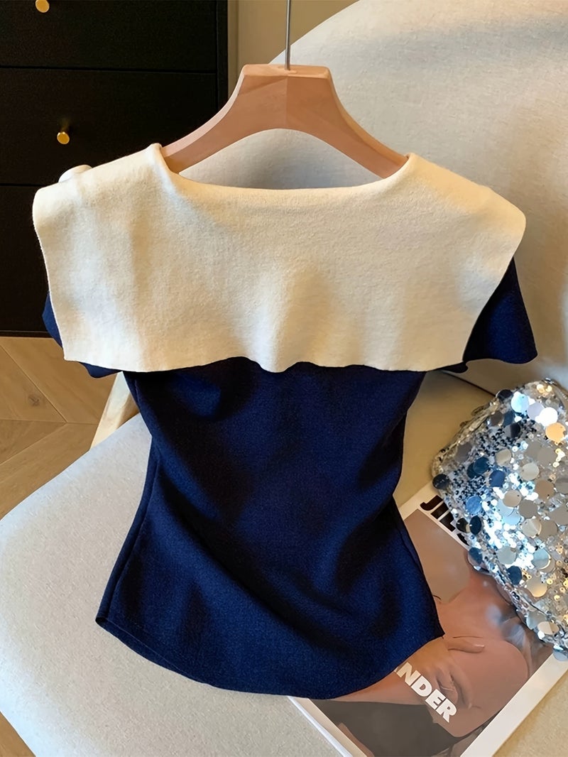 European and American Spring\u002FSummer Women's Fashion Color - Block 2 - in - 1 Look V - Neck Slim - Fit Crop Top with Tie - Navy / S - Image 2