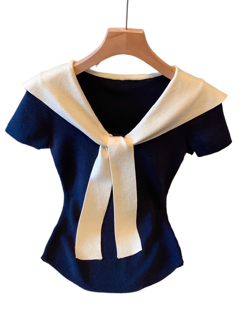 European and American Spring\u002FSummer Women's Fashion Color - Block 2 - in - 1 Look V - Neck Slim - Fit Crop Top with Tie - Navy / S - Image 1
