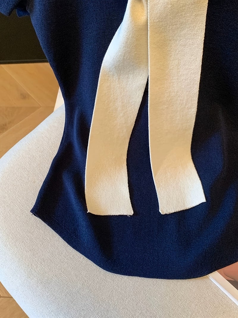 European and American Spring\u002FSummer Women's Fashion Color - Block 2 - in - 1 Look V - Neck Slim - Fit Crop Top with Tie - Navy / S - Image 3