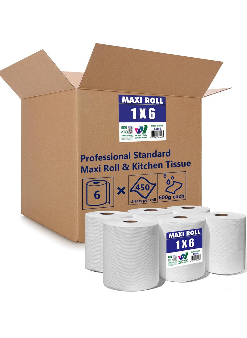 Lotus Alwadi Multi-Surface Maxi Roll & Kitchen towel tissue, Lotus Alwadi, Size - 6 Super Rolls - 450 Sheets Per Roll (600 Grams each) - Image 1