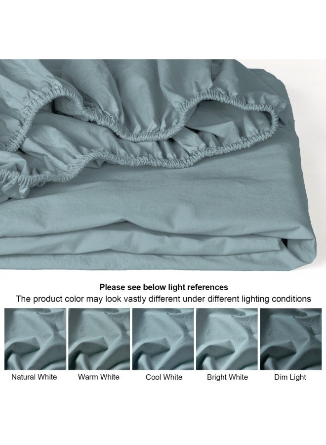 PHF 100% Washed Cotton Fitted Sheet Full Size Linen Like Cozy Soft Bottom with Elastic Deep Pockets Easy Fit Breathable Warm Non Shrink, Dusty Blue - Image 5